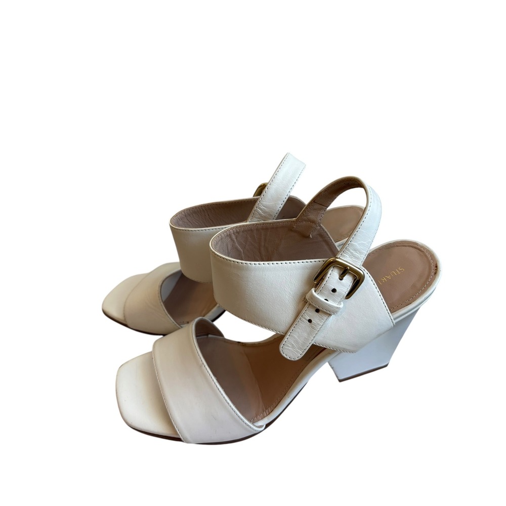 Stuart Weitzman Sandals Size 7 White‎ Leather Block Heel Square Toe Buckle Strap